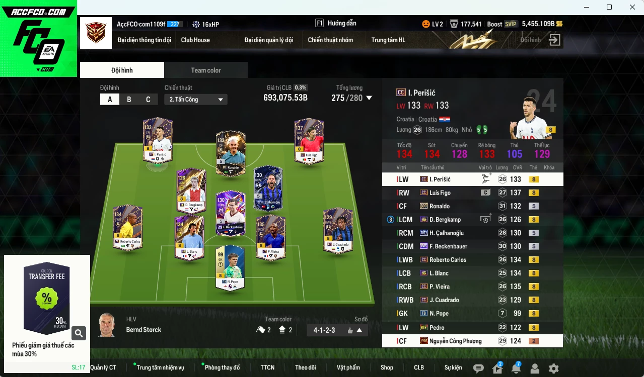 Inter Milan 693.070b có Figo CC, Perisic CC, Vieira CC, Beckenbauer WB, Carlos CC, Bergkamp HG, Ronaldo BDO, Calhanoglu 25TY, Blanc HG... Gần full đào tạo chiến thuật, HLV Xịn